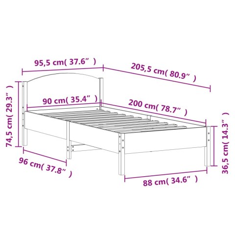 Rama łóżka z wezgłowiem, biała, 90x200 cm, lite drewno sosnowe