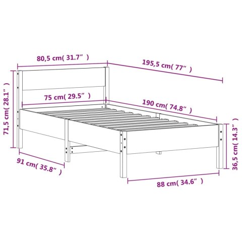 Rama łóżka z wezgłowiem, biała, 75x190 cm, lite drewno sosnowe