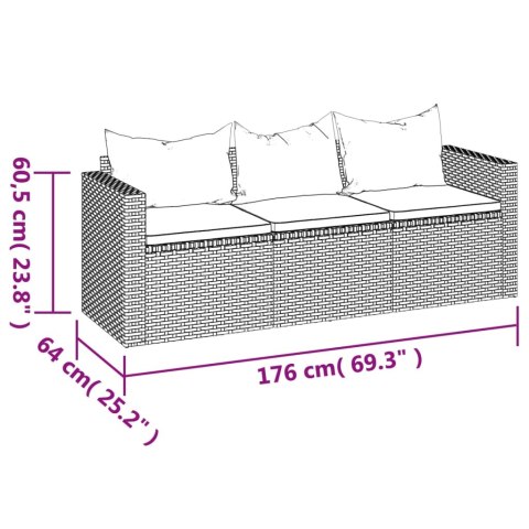 3-osobowa sofa ogrodowa z poduszkami, szara, polirattan