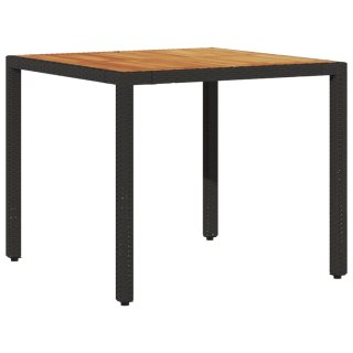 Stół ogrodowy z akacjowym blatem, czarny, 90x90x75cm, rattan PE