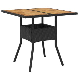 Stół ogrodowy z akacjowym blatem, czarny, 80x80x75cm, rattan PE
