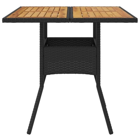 Stół ogrodowy z akacjowym blatem, czarny, 80x80x75cm, rattan PE