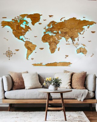 Drewniana Mapa Świata Podświetlana LED 3D Sikorka® 250x125cm Dąb