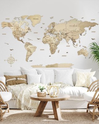 Drewniana Mapa Świata Podświetlana LED 3D Sikorka® 250x125cm Naturalny
