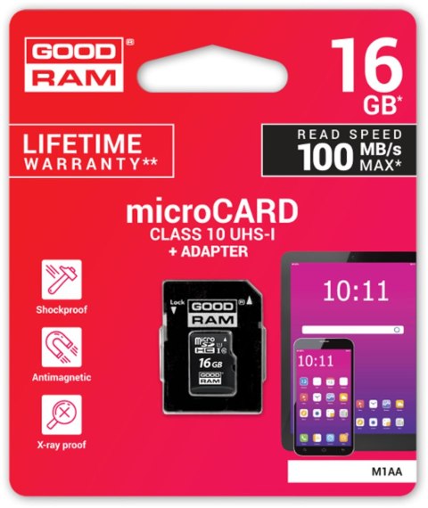 KARTA PAMIĘCI microSD GOODRAM UHS1 CL10 16GB ADAPTER 100MB