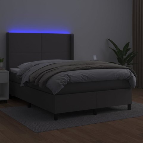 Łóżko kontynentalne z materacem i LED, szara ekoskóra 140x200cm