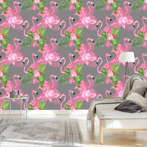 Tapeta Do Salonu, Flamingi, Ptaki, Zieleń, Liście