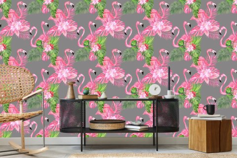 Tapeta Do Salonu, Flamingi, Ptaki, Zieleń, Liście