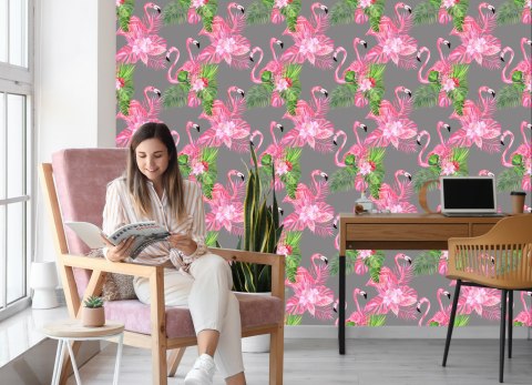 Tapeta Do Salonu, Flamingi, Ptaki, Zieleń, Liście