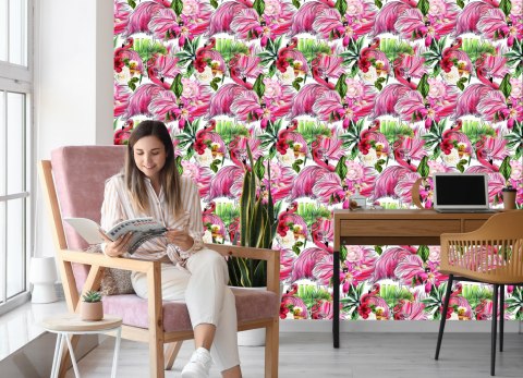 Tapeta Do Salonu, Flamingi, Róże, Kwiaty, Liście