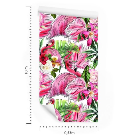 Tapeta Do Salonu, Flamingi, Róże, Kwiaty, Liście