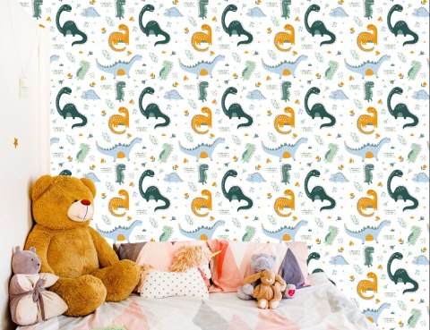 Tapeta Do Pokoju Dziecka Dinozaury, Liście, Kwiaty