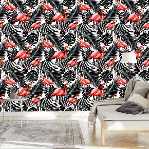 Tapeta Flamingi I Czarne Egzotyczne Liście