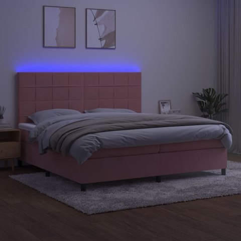 Łóżko kontynentalne z materacem i LED, różowy aksamit 200x200cm