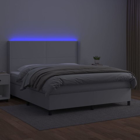 Łóżko kontynentalne z materacem i LED, biała ekoskóra 160x200cm