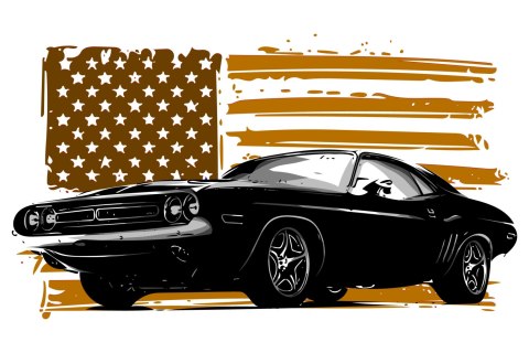 Obraz Na Płótnie Amerykański Muscle Car Na Tle Beżowej Flagi Usa