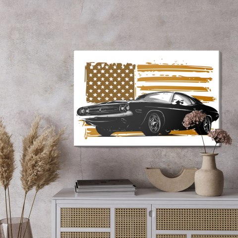Obraz Na Płótnie Amerykański Muscle Car Na Tle Beżowej Flagi Usa