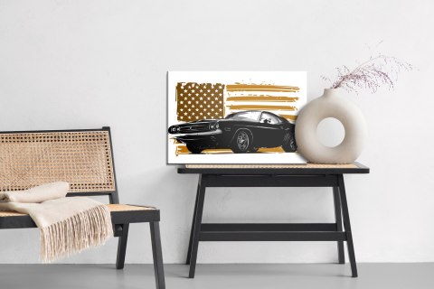 Obraz Na Płótnie Amerykański Muscle Car Na Tle Beżowej Flagi Usa