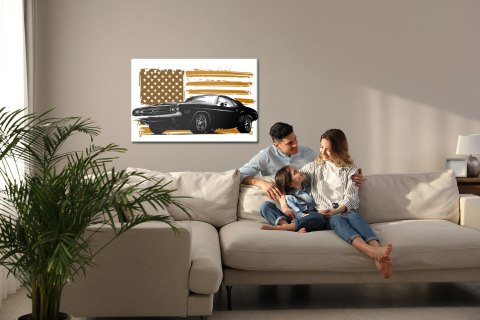 Obraz Na Płótnie Amerykański Muscle Car Na Tle Beżowej Flagi Usa