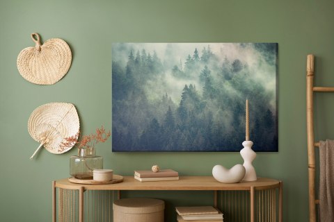 Obraz Na Płótnie Misty Landscape With Fir Forest In Hipster Vintage Retro Style
