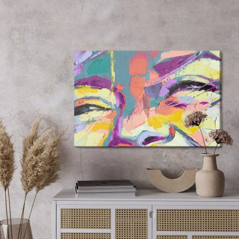 Obraz Na Płótnie Oil Portrait Painting In Multicolored Tones. Abstract Picture Of A Beautiful Girl. Conceptual Closeup Of An Oil