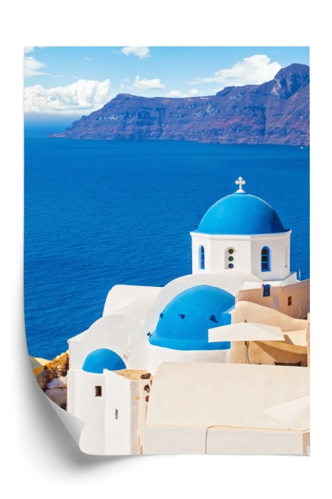 Plakat Krajobraz Santorini Z Białym Kościołem I Widokiem Na Błękitne Morze