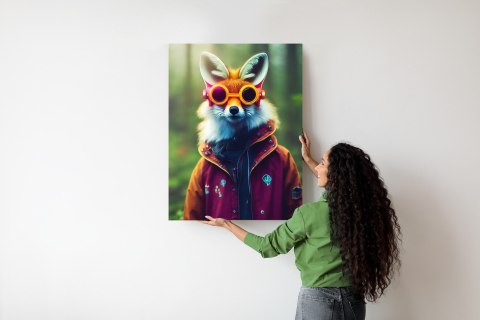 Plakat Portrait Of A Fox Wearing A Cyberpunk Headset, Neon Virtual Glasses, And Cyberpunk Gear. High-Tech Fox. The Concept Of Vi