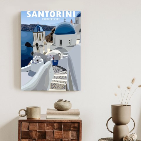 Plakat Typowe Greckie Budynki Z Niebieskimi Dachami Na Santorini