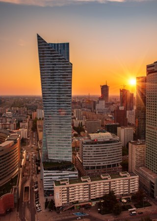 Plakat Wieżowce W Warszawie O Zachodzie Słońca