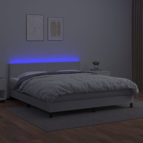 Łóżko kontynentalne z materacem i LED, biała ekoskóra 160x200cm