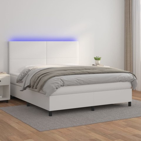 Łóżko kontynentalne z materacem i LED, biała ekoskóra 160x200cm