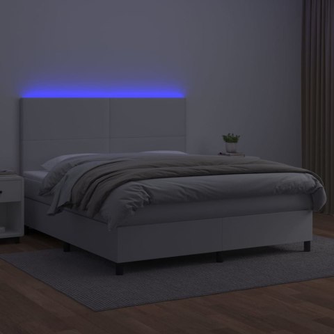 Łóżko kontynentalne z materacem i LED, biała ekoskóra 160x200cm