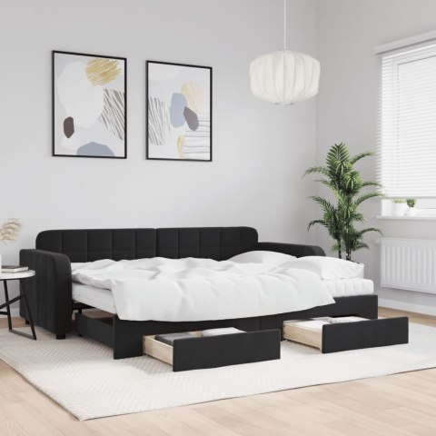 Sofa rozsuwana z szufladami, czarna, 80x200 cm, aksamit