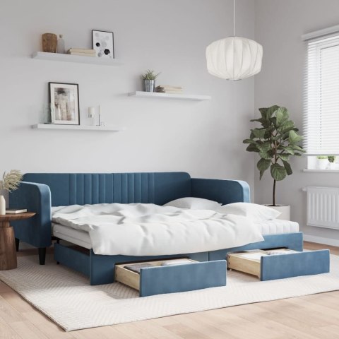 Sofa rozsuwana z szufladami, niebieska, 100x200 cm, aksamit