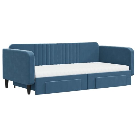 Sofa rozsuwana z szufladami, niebieska, 100x200 cm, aksamit