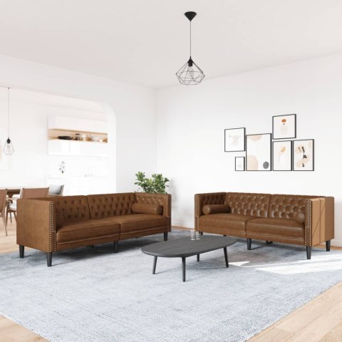 2-cz. wypoczynek Chesterfield z wałkami, brązowy, zamszowy
