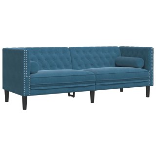 Sofa Chesterfield z wałkami, trzyosobowa, niebieska, aksamit