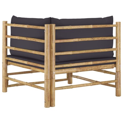 Narożna sofa ogrodowa z ciemnoszarymi poduszkami, bambusowa