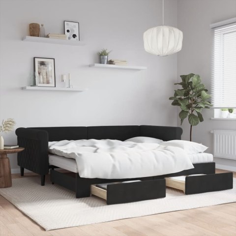 Sofa rozsuwana z szufladami, czarna, 90x190 cm, aksamit