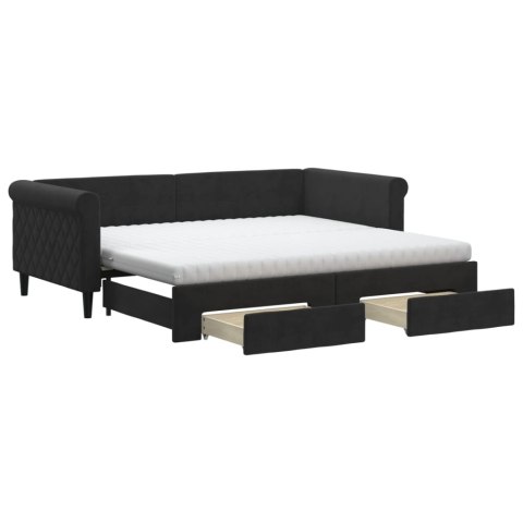 Sofa rozsuwana z szufladami, czarna, 90x190 cm, aksamit