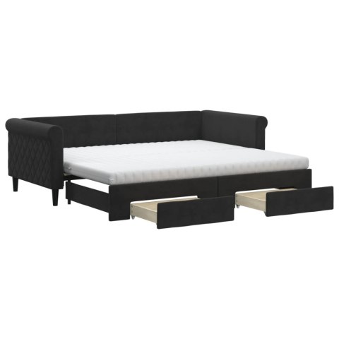 Sofa rozsuwana z szufladami, czarna, 90x200 cm, aksamit