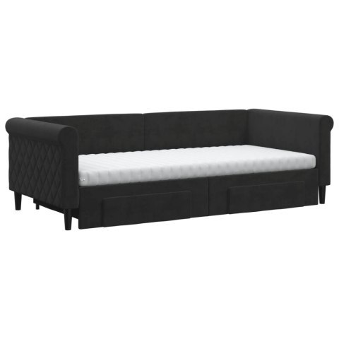 Sofa rozsuwana z szufladami, czarna, 90x200 cm, aksamit