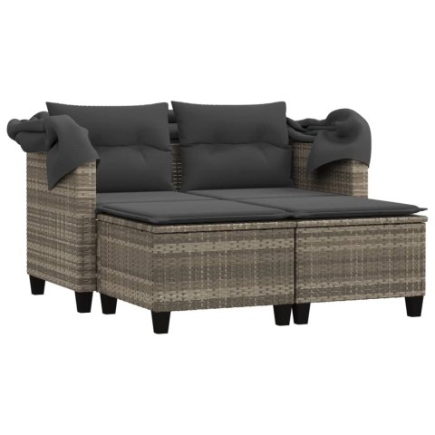 2-os. sofa ogrodowa, daszek i podnóżki, jasnoszara, rattan PE