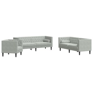 3-cz. wypoczynek Chesterfield z wałkami, jasnoszary, aksamit