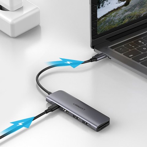 6w1 HUB adapter USB-C - HDMI USB-A USB-C PD czytnik SD TF - szary