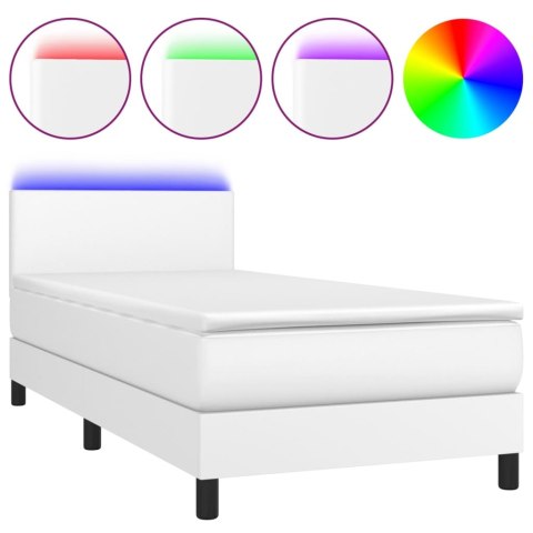 Łóżko kontynentalne z materacem i LED, biała ekoskóra 100x200cm