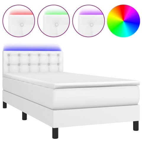 Łóżko kontynentalne z materacem i LED, biała ekoskóra 80x200 cm