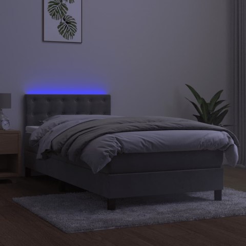 Łóżko kontynentalne z materacem i LED, szare 90x200 cm, aksamit