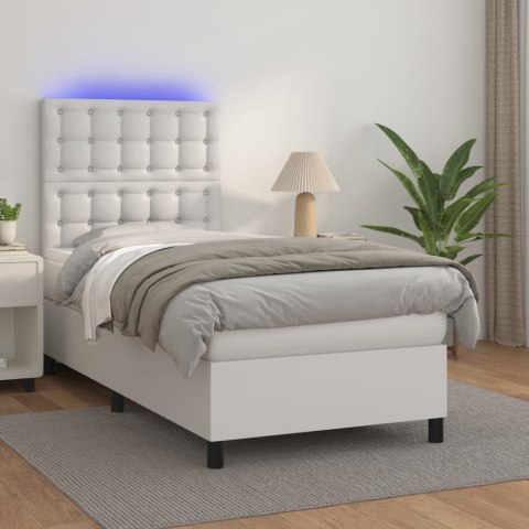 Łóżko kontynentalne z materacem i LED, biała ekoskóra 100x200cm