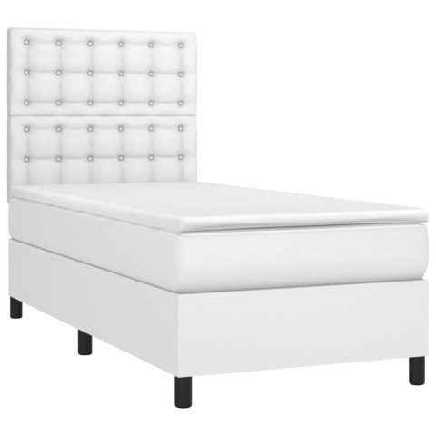 Łóżko kontynentalne z materacem i LED, biała ekoskóra 100x200cm